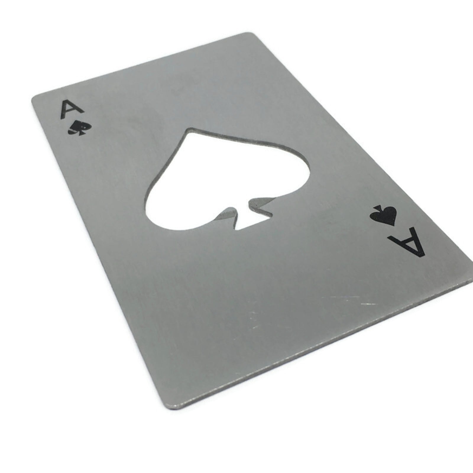 Stainless steel Ace of Spades credit card sized bottle opener fitting perfectly in a wallet
