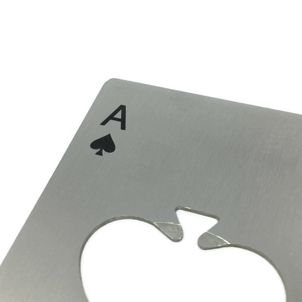 Stainless steel Ace of Spades credit card sized bottle opener fitting perfectly in a wallet — view 2