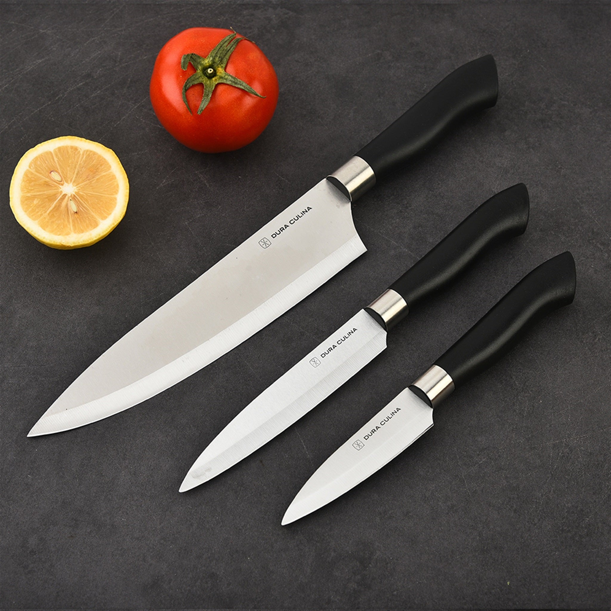 Black 3-piece kitchen knife set with matching blade guards and ergonomic handles for home chefs — view 3