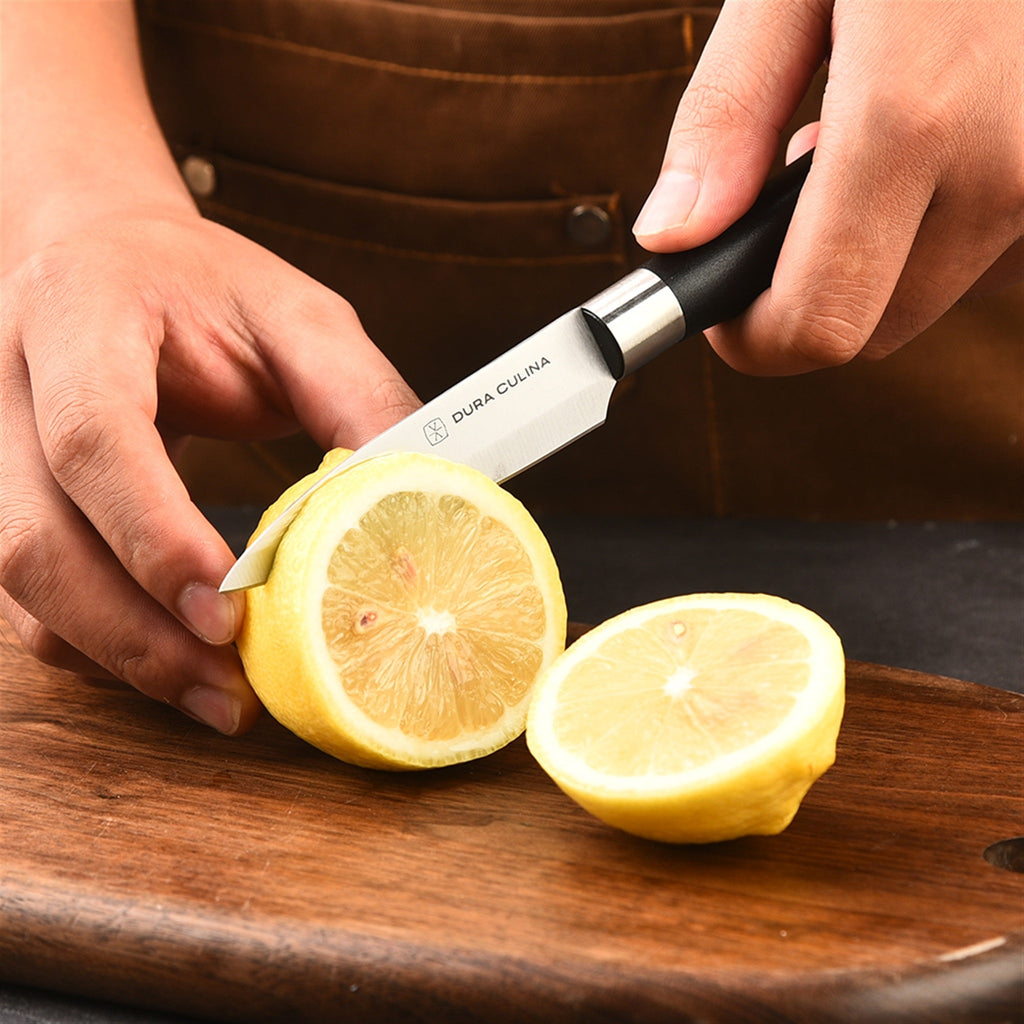 Black 3-piece kitchen knife set with matching blade guards and ergonomic handles for home chefs — view 4