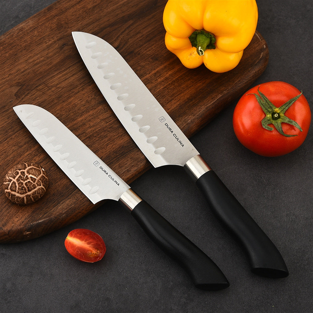 Black 5-piece kitchen knife set with matching protective blade guards forged from high-carbon steel — view 2