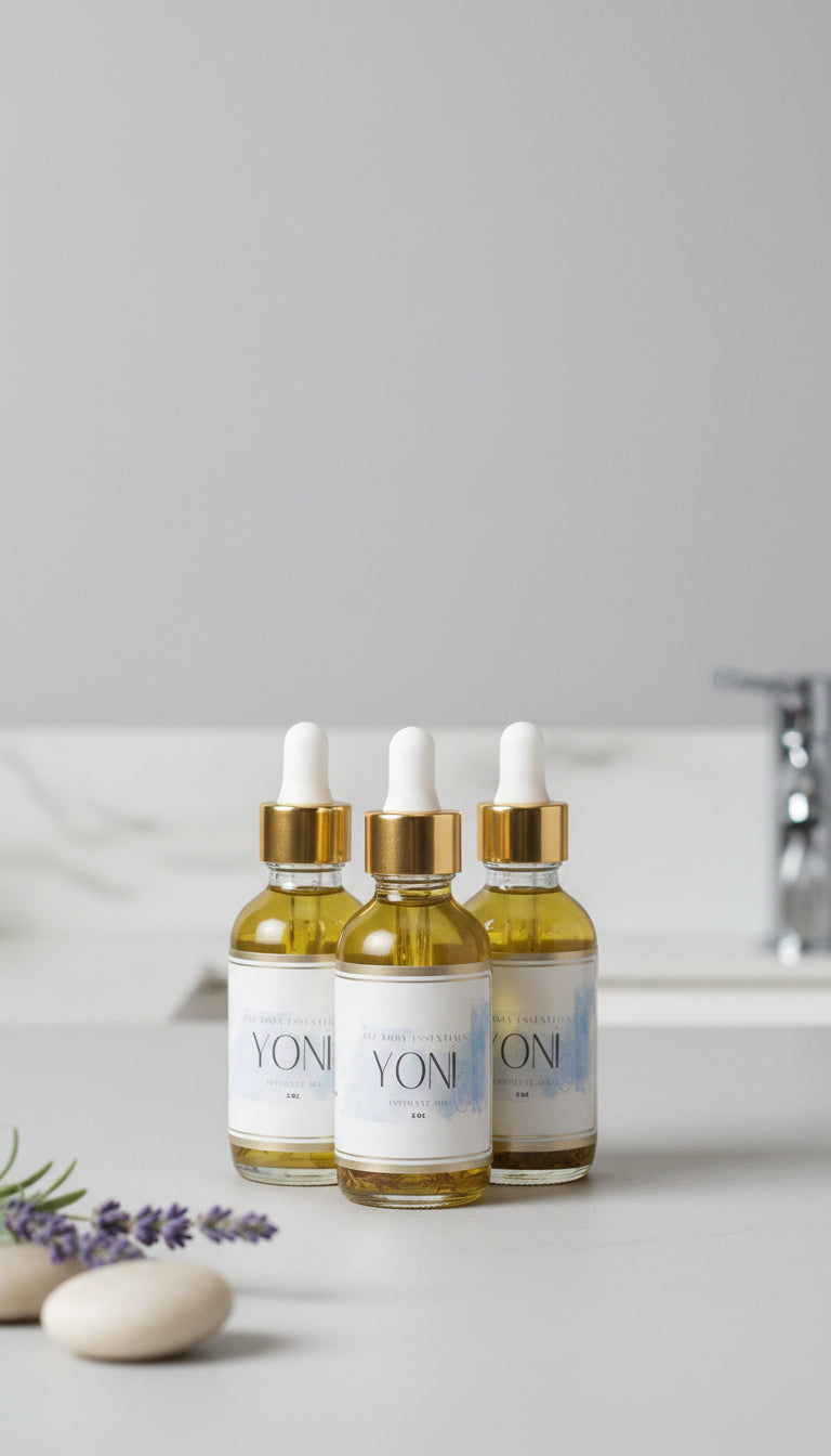Glass bottle of Lotus Yoni Oil with an infused amethyst crystal and golden botanical blend