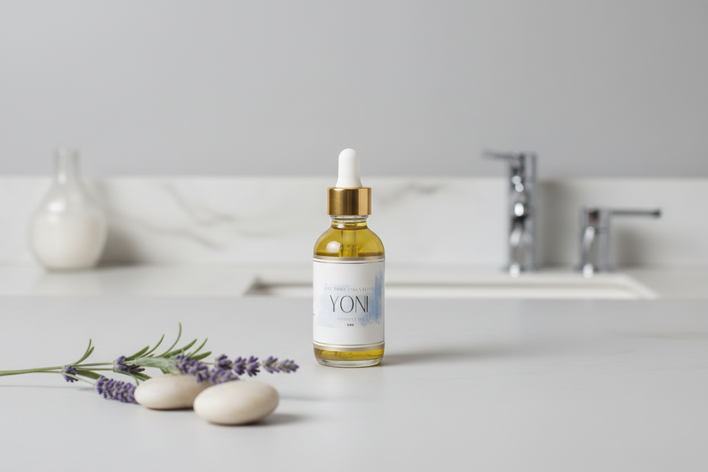 Glass bottle of Lotus Yoni Oil with an infused amethyst crystal and golden botanical blend — view 4