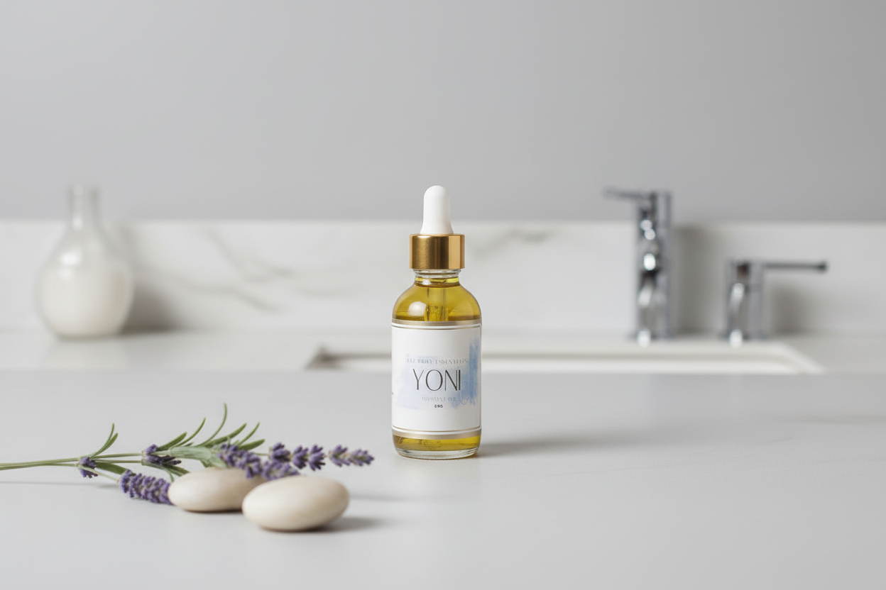 Glass bottle of Lotus Yoni Oil with an infused amethyst crystal and golden botanical blend — view 4