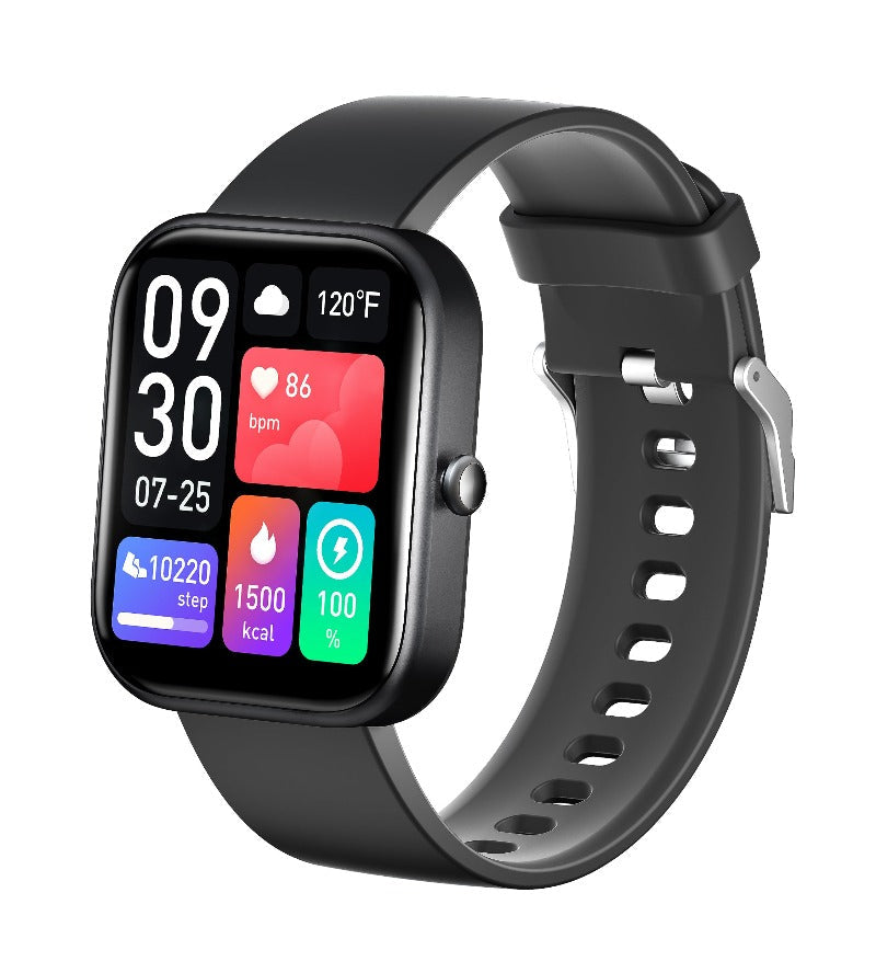 Senior smartwatch fitness tracker with large 2-inch HD digital touchscreen display and adjustable sports wristband.