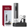 Black 4-in-1 electric wine opener gift set with vacuum stopper, pourer, and stylish storage base