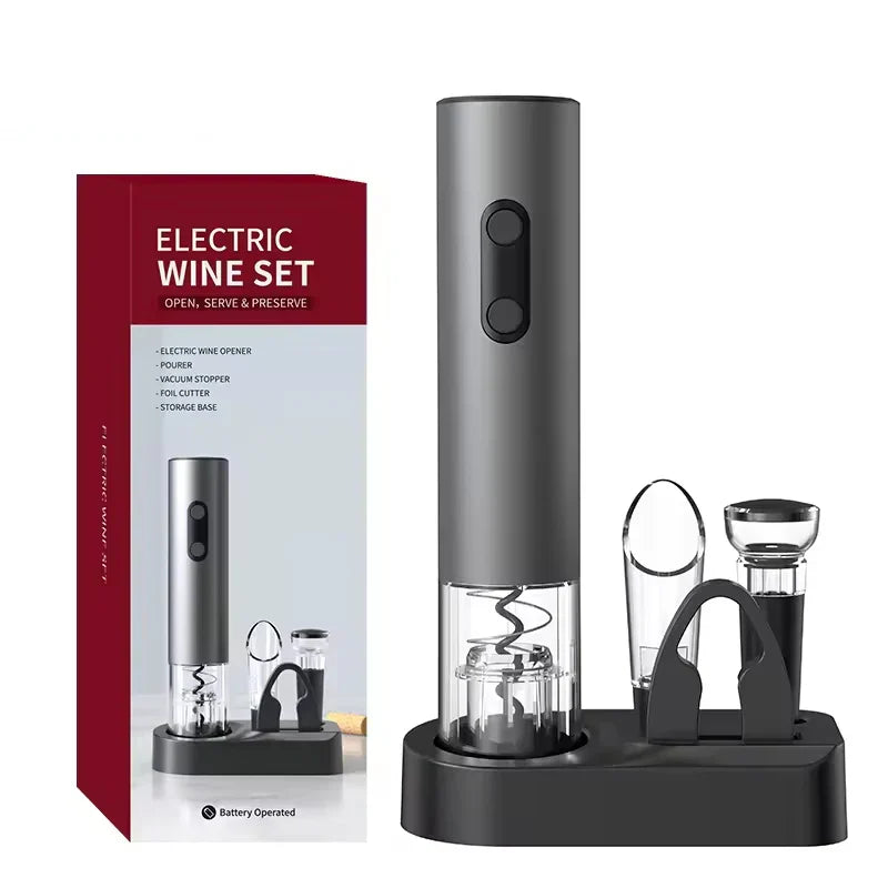 Black 4-in-1 electric wine opener gift set with vacuum stopper, pourer, and stylish storage base