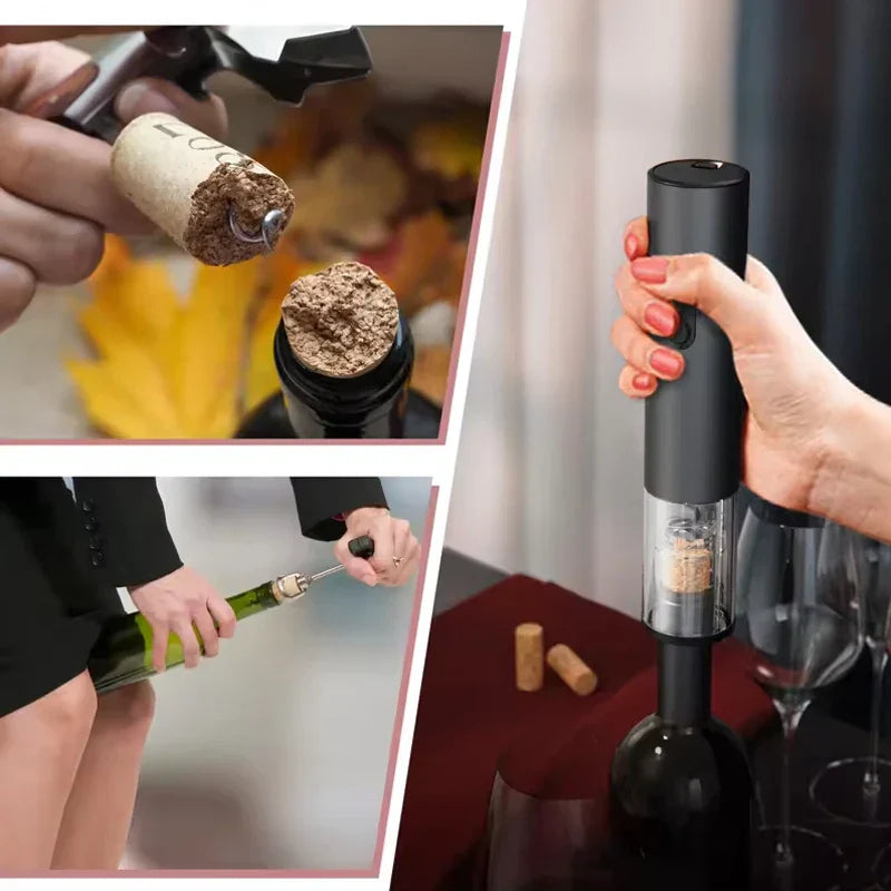 Black 4-in-1 electric wine opener gift set with vacuum stopper, pourer, and stylish storage base — view 3
