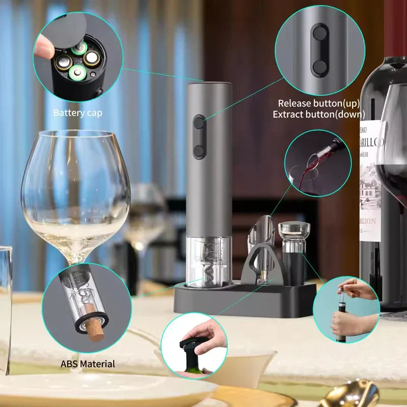 Black 4-in-1 electric wine opener gift set with vacuum stopper, pourer, and stylish storage base — view 4