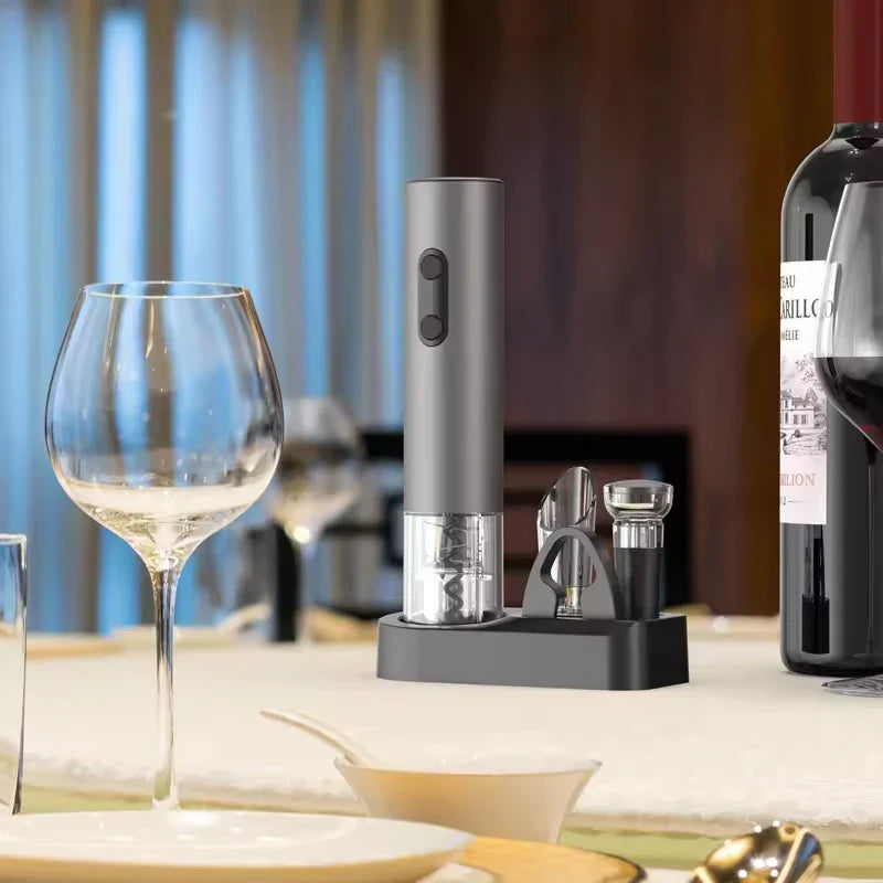 Black 4-in-1 electric wine opener gift set with vacuum stopper, pourer, and stylish storage base — view 2