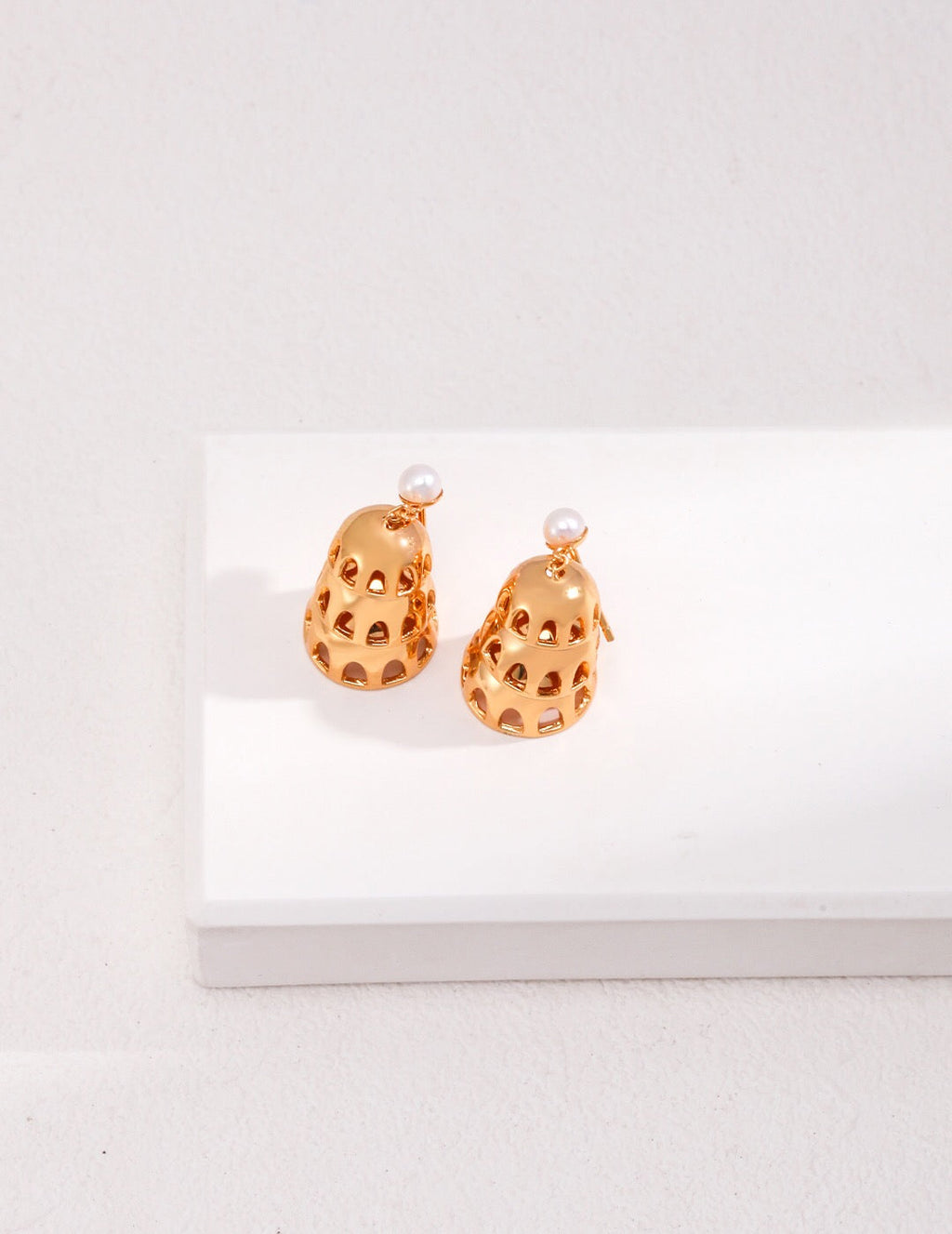 Jingle bell style drop earrings in 18ct gold vermeil with natural freshwater pearls — view 2