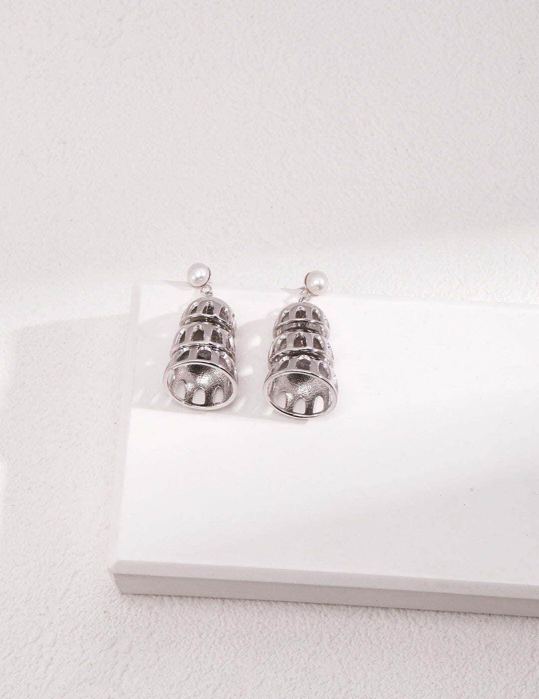 Jingle bell style drop earrings in 18ct gold vermeil with natural freshwater pearls — view 3