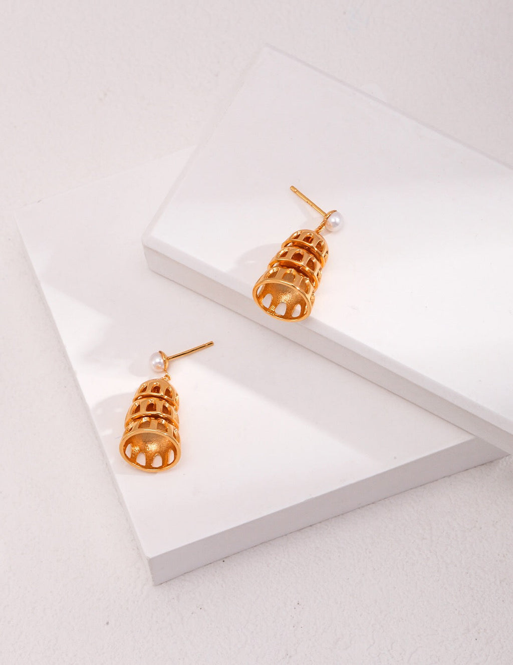 Jingle bell style drop earrings in 18ct gold vermeil with natural freshwater pearls — view 4