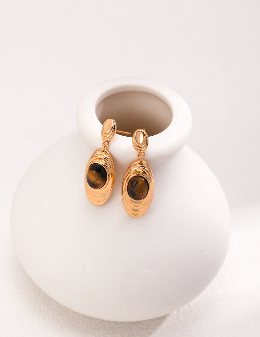 Antique style drop earrings featuring natural tiger eye stones set in 18ct gold vermeil — view 2