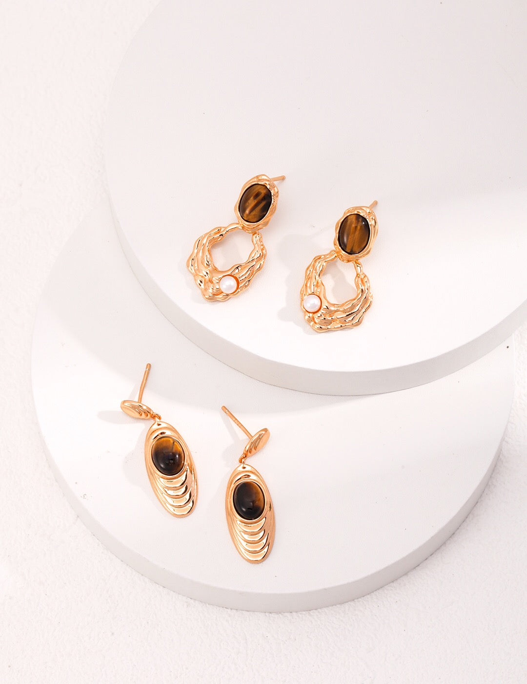Antique style drop earrings featuring natural tiger eye stones set in 18ct gold vermeil — view 3