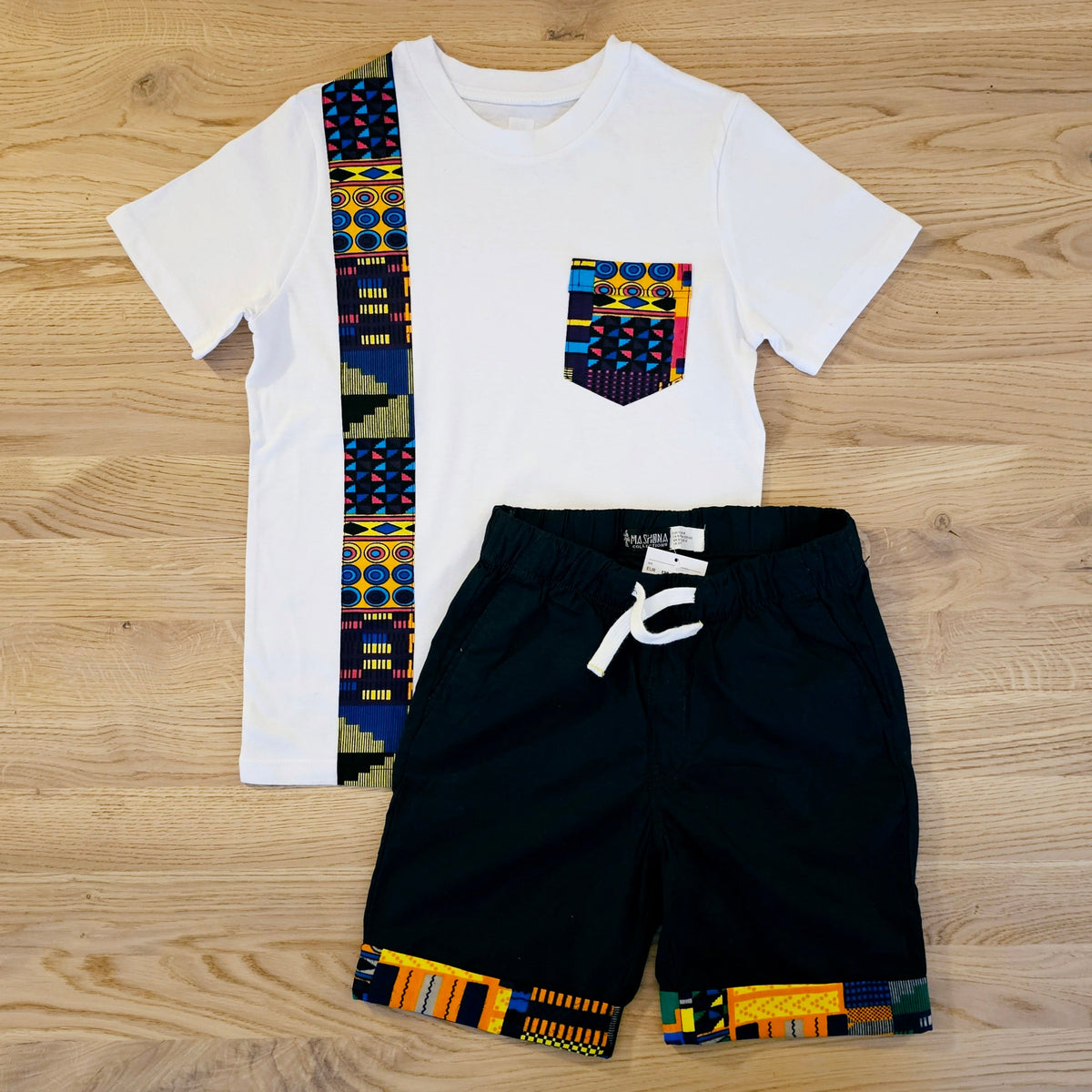 T-shirt and Cotton Pull Up Shorts Set with African Print Detail..-0