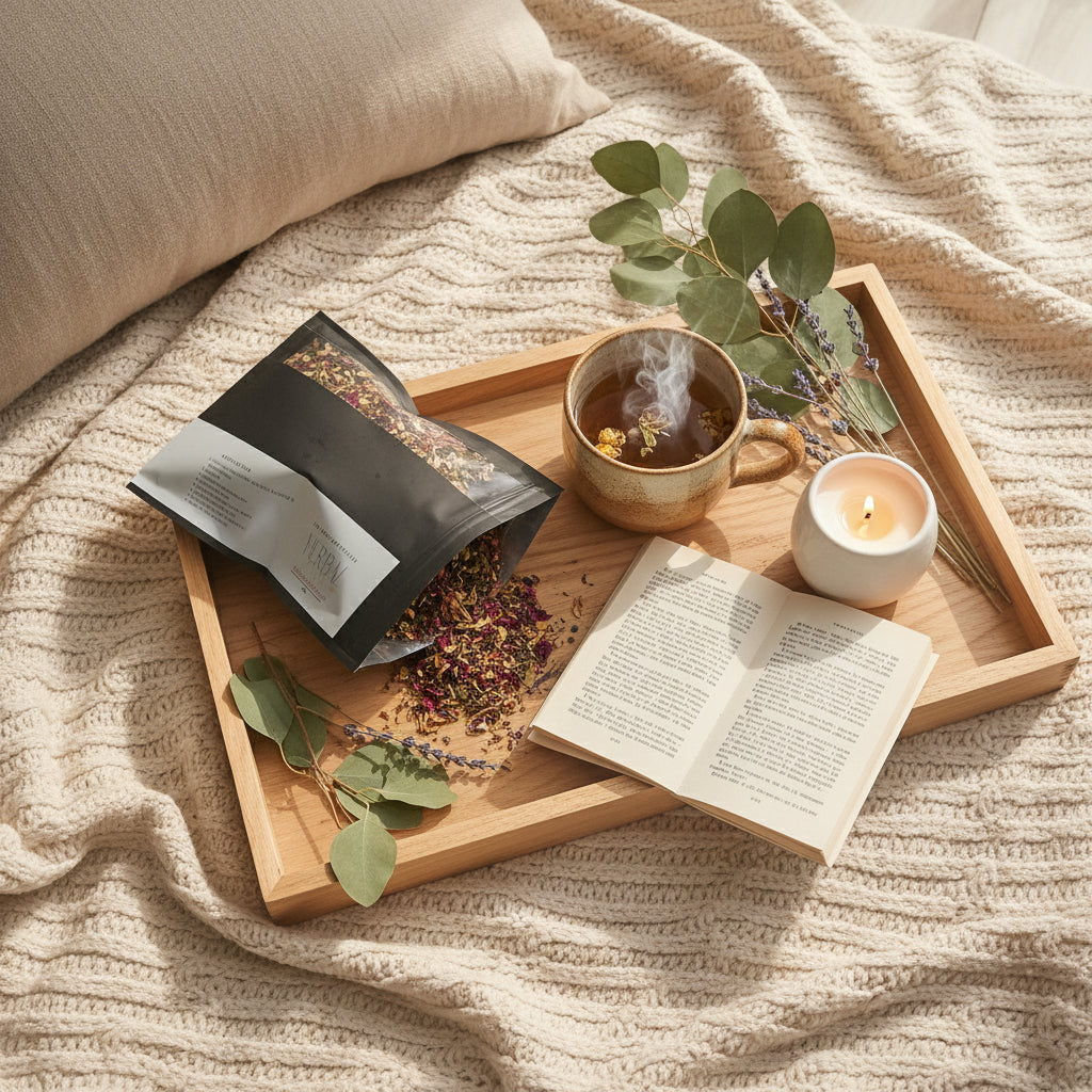 Herbal yoni steaming pouch with dried chamomile, rose petals, and sage for feminine wellness.