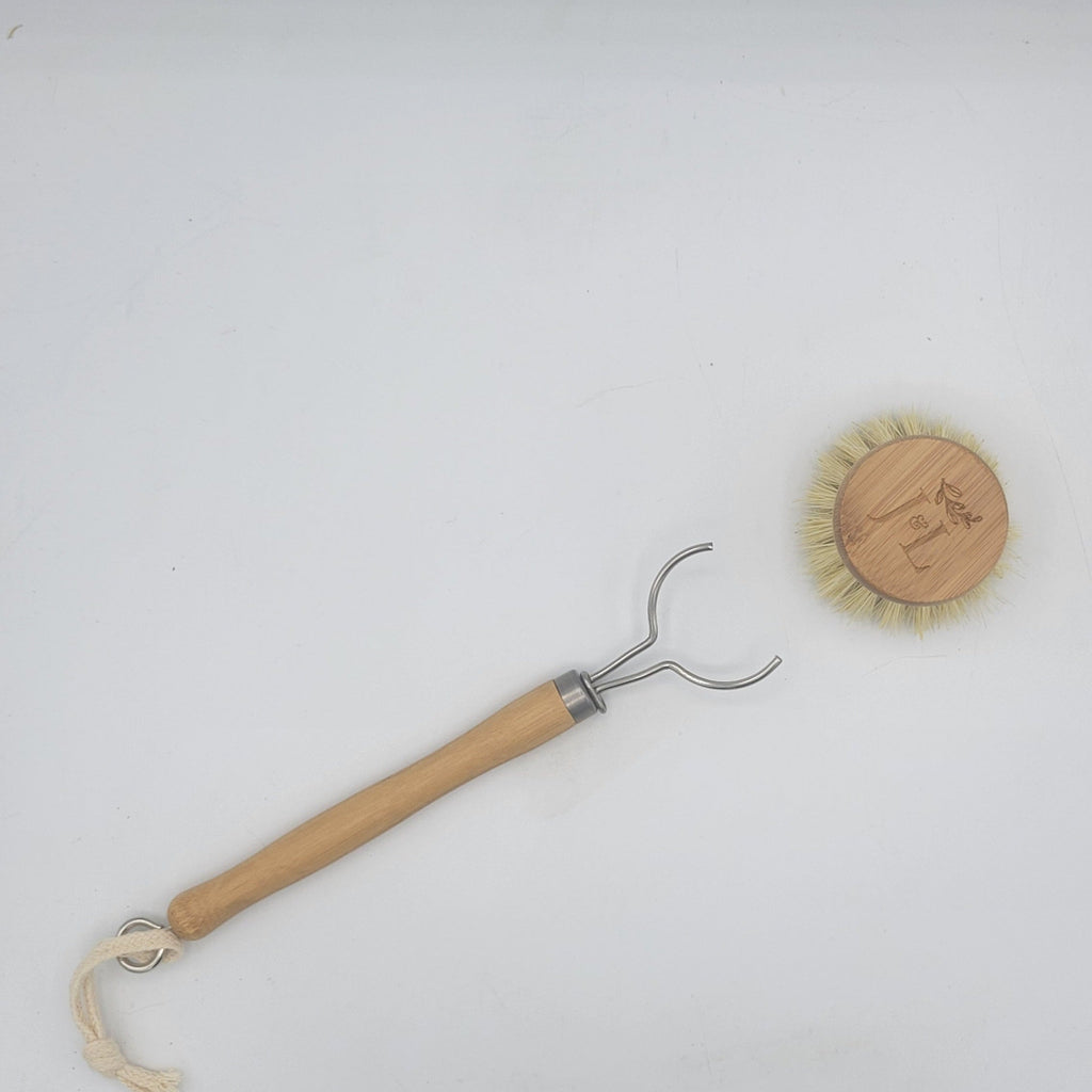 Bamboo long handle dish brush with natural sisal bristles on a kitchen counter — view 5