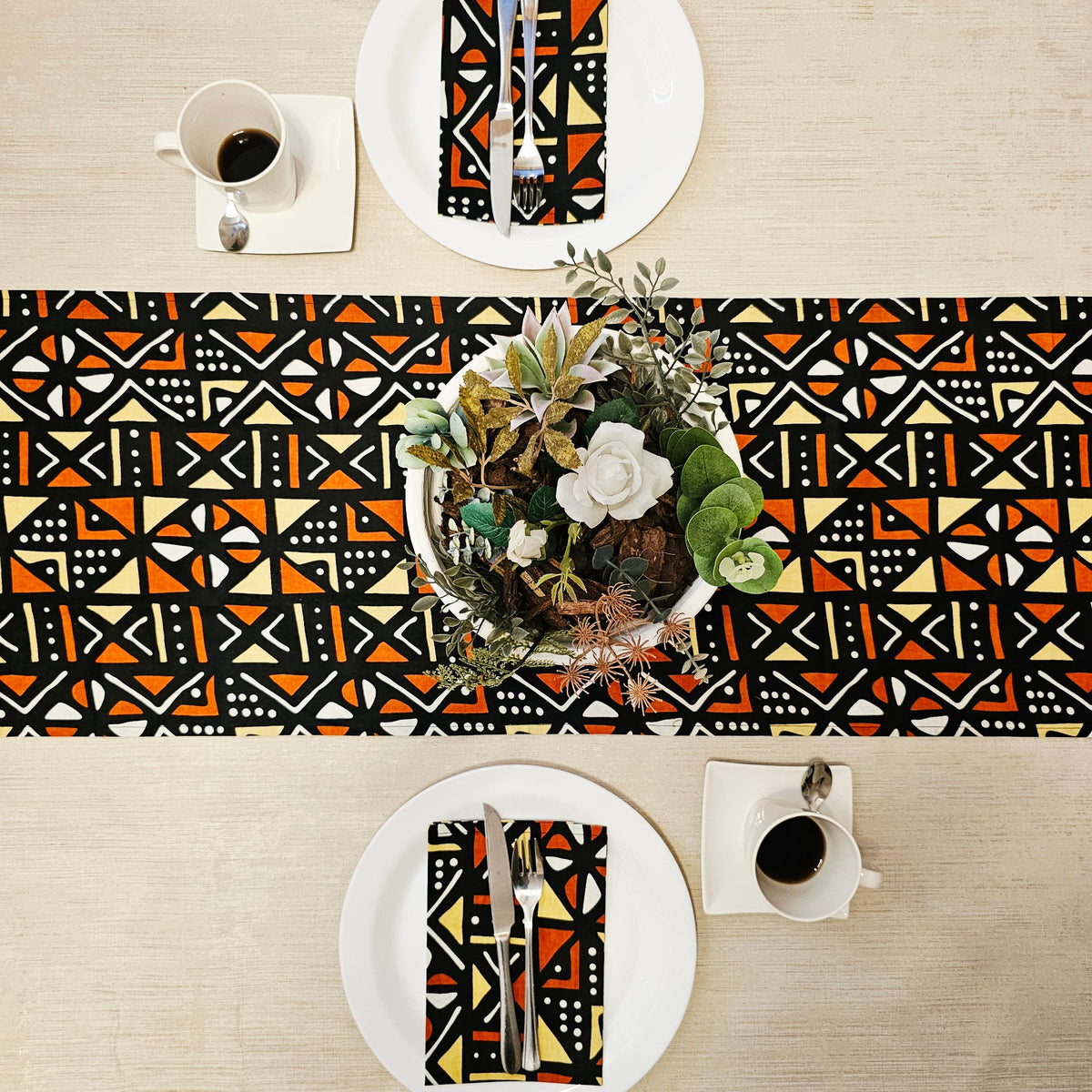 Table Runner and Set of 8 Napkins | 100% Cotton African Print Fabric-0