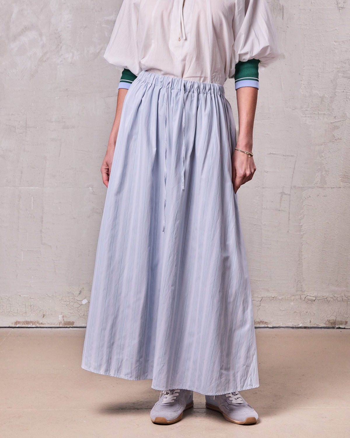 Drawstring Cotton Blend Skirt-Light Blue-1