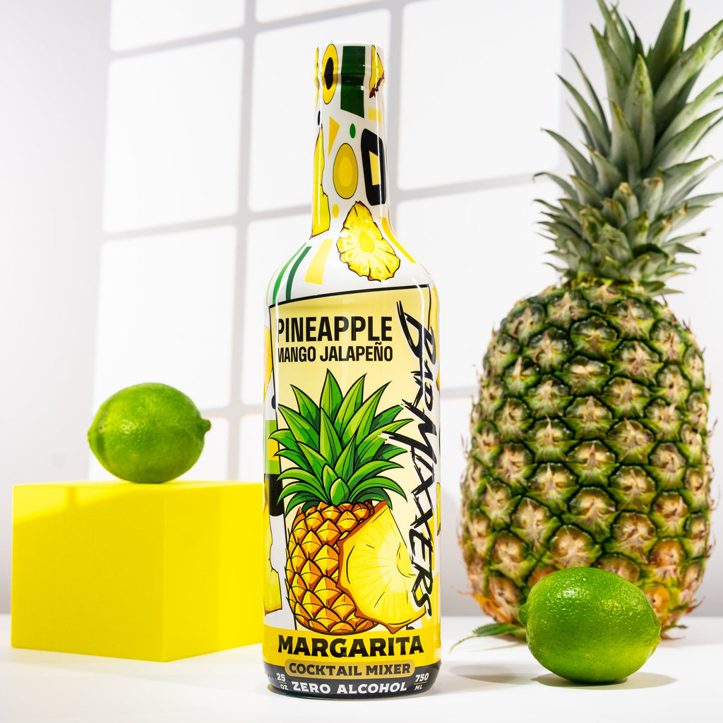 Bottle of pineapple mango spicy jalapeno margarita mix craft cocktail mixer