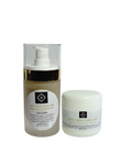 Organic two-step anti-acne facial skincare set with exfoliating scrub and nourishing moisturizer in glass packaging