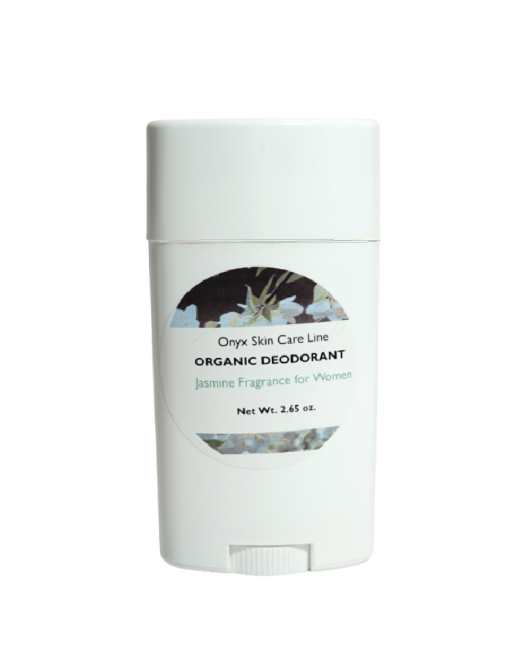 Organic jasmine scented women's deodorant in a 2.65 ounce oval barrel container.