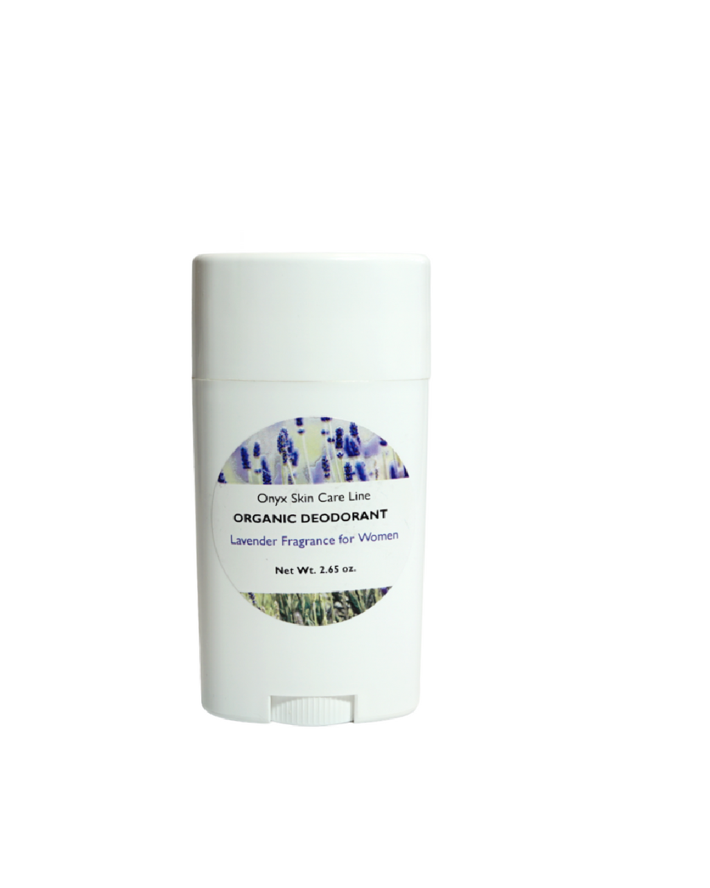 Solid organic lavender deodorant stick inside a sleek oval barrel applicator for women's natural body care