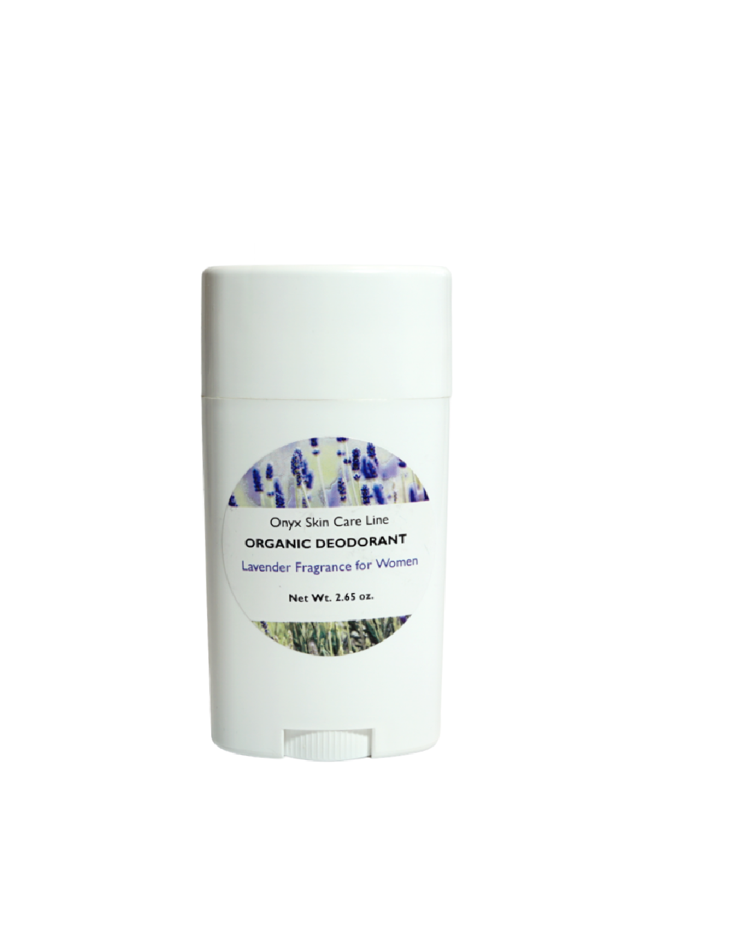 Solid organic lavender deodorant stick inside a sleek oval barrel applicator for women's natural body care