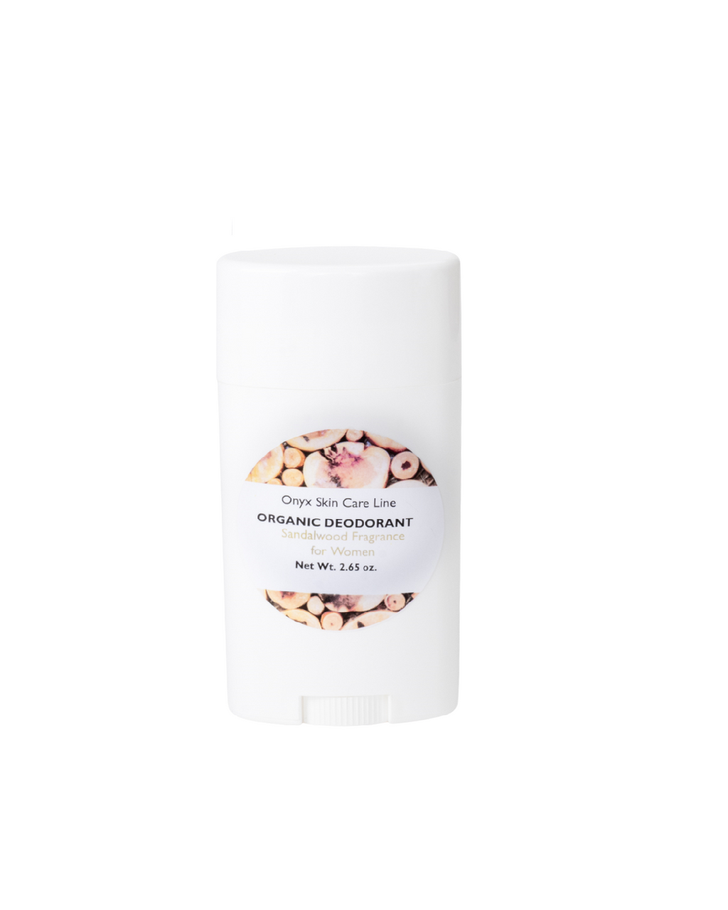 Organic sandalwood deodorant for women in a 2.65 oz oval twist-up barrel with natural ingredients