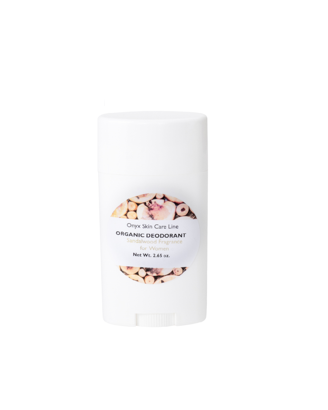 Organic sandalwood deodorant for women in a 2.65 oz oval twist-up barrel with natural ingredients