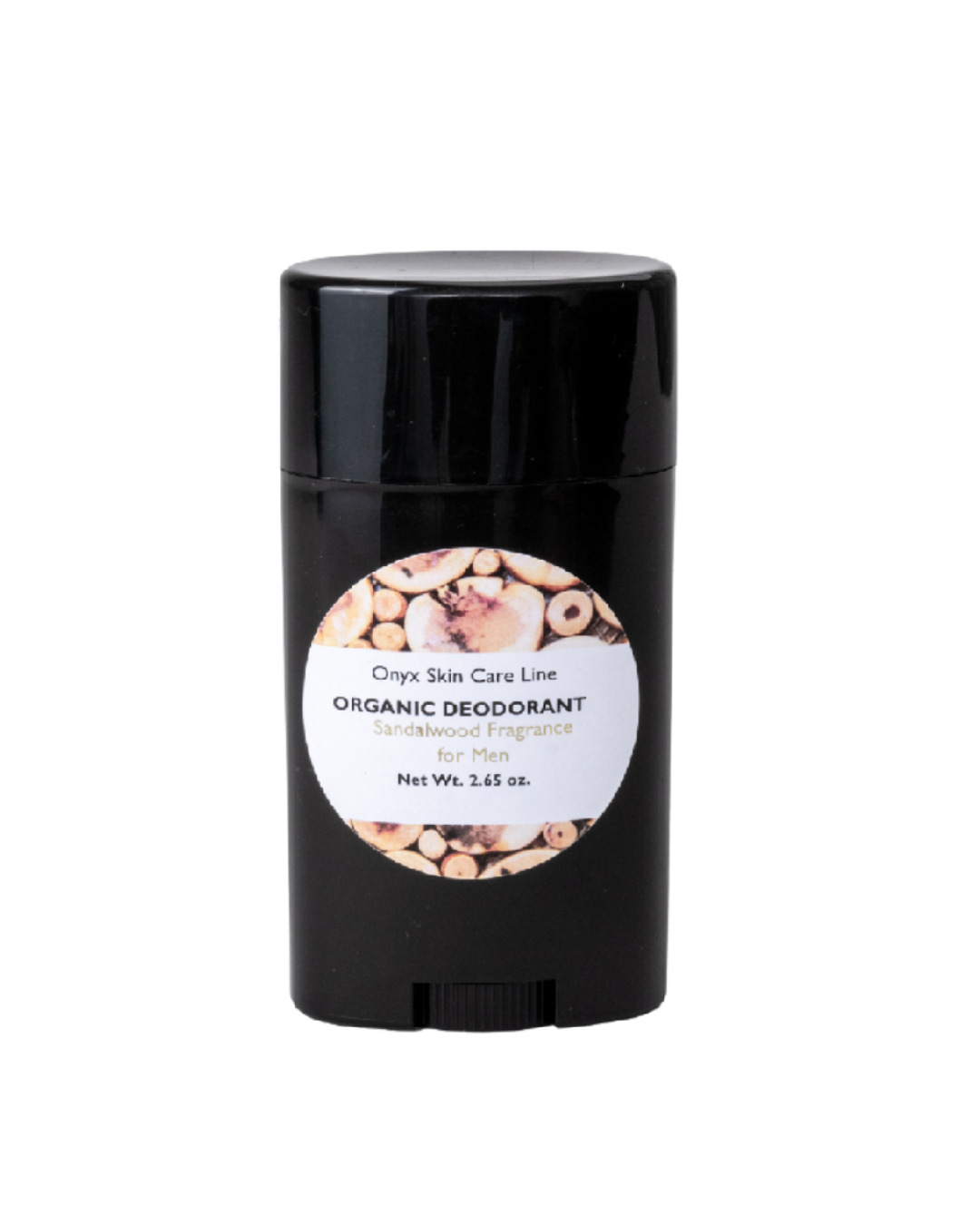 Organic sandalwood deodorant for men in an oval barrel applicator on a clean background