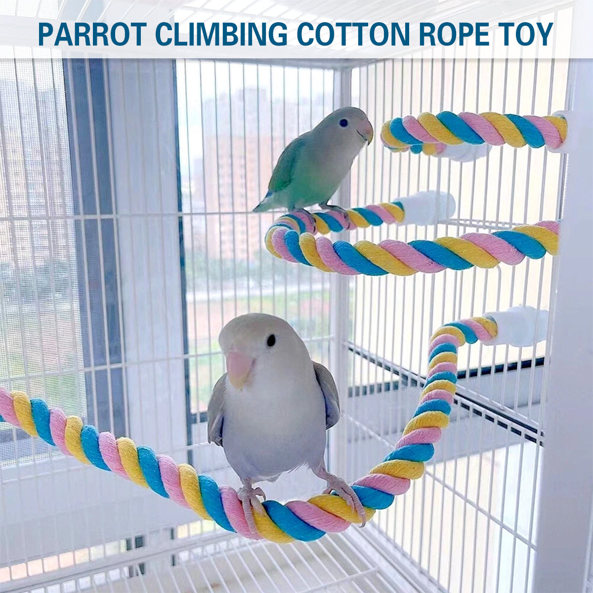 Flexible multicolour U-shaped cotton rope bird perch and climbing toy with metal screw attachments. — view 4