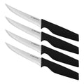 4-piece steak knife set featuring serrated high carbon stainless steel blades and ergonomic soft-grip handles.