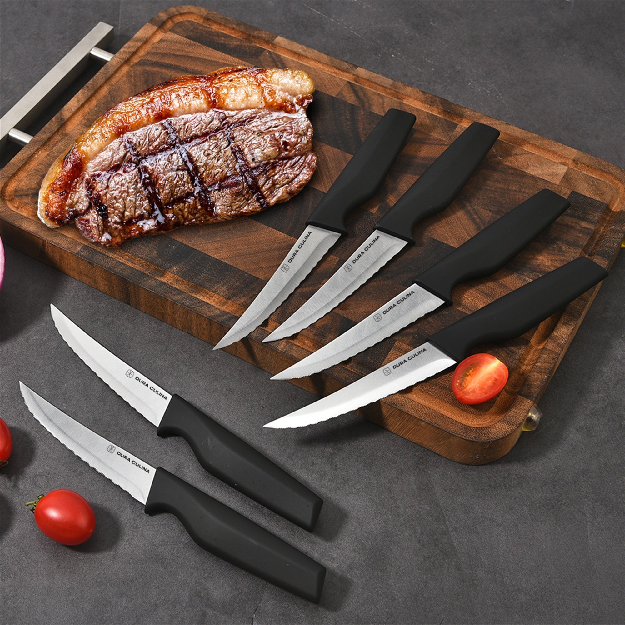 14-piece knife block set with high carbon stainless steel blades in black wood storage block — view 4
