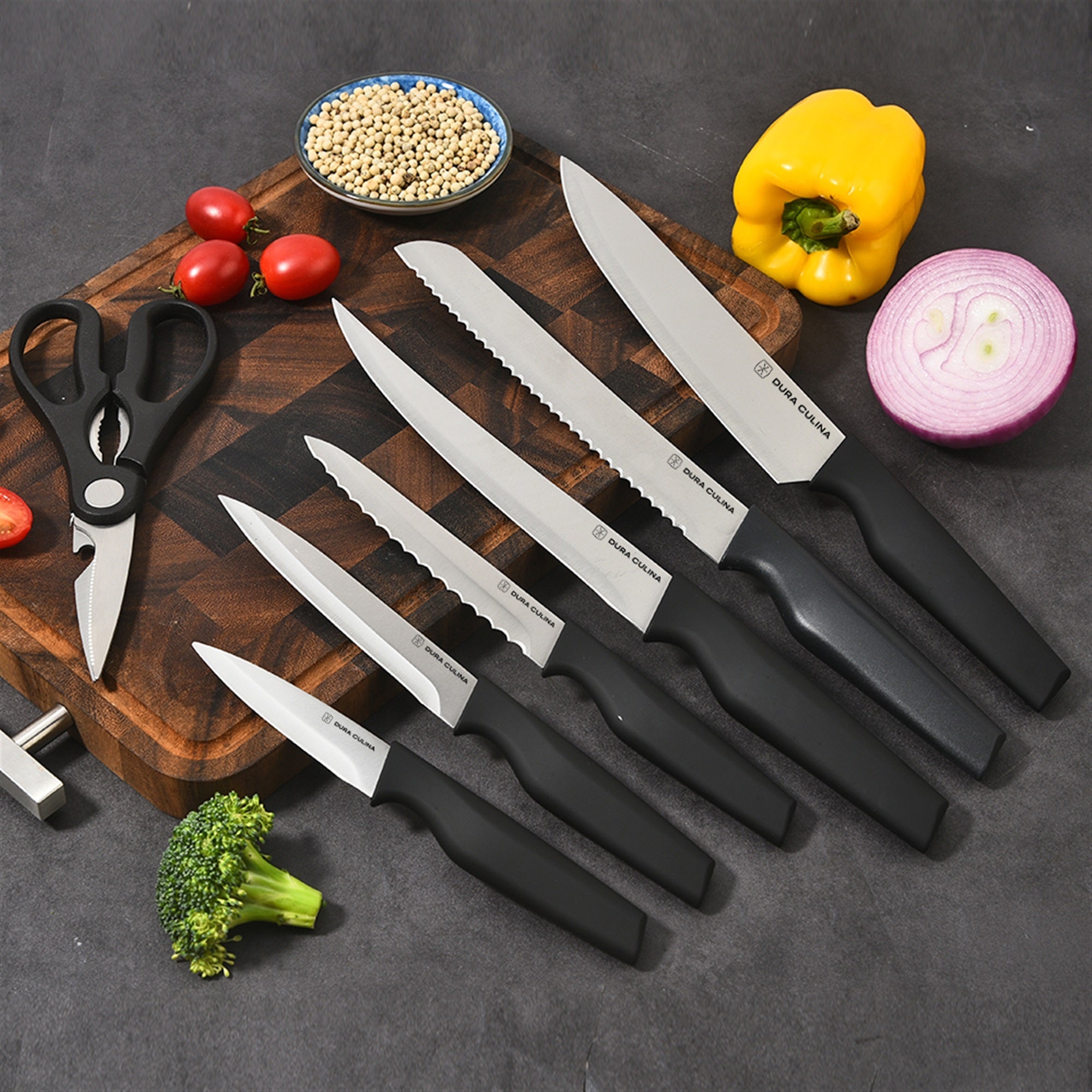 14-piece knife block set with high carbon stainless steel blades in black wood storage block — view 3