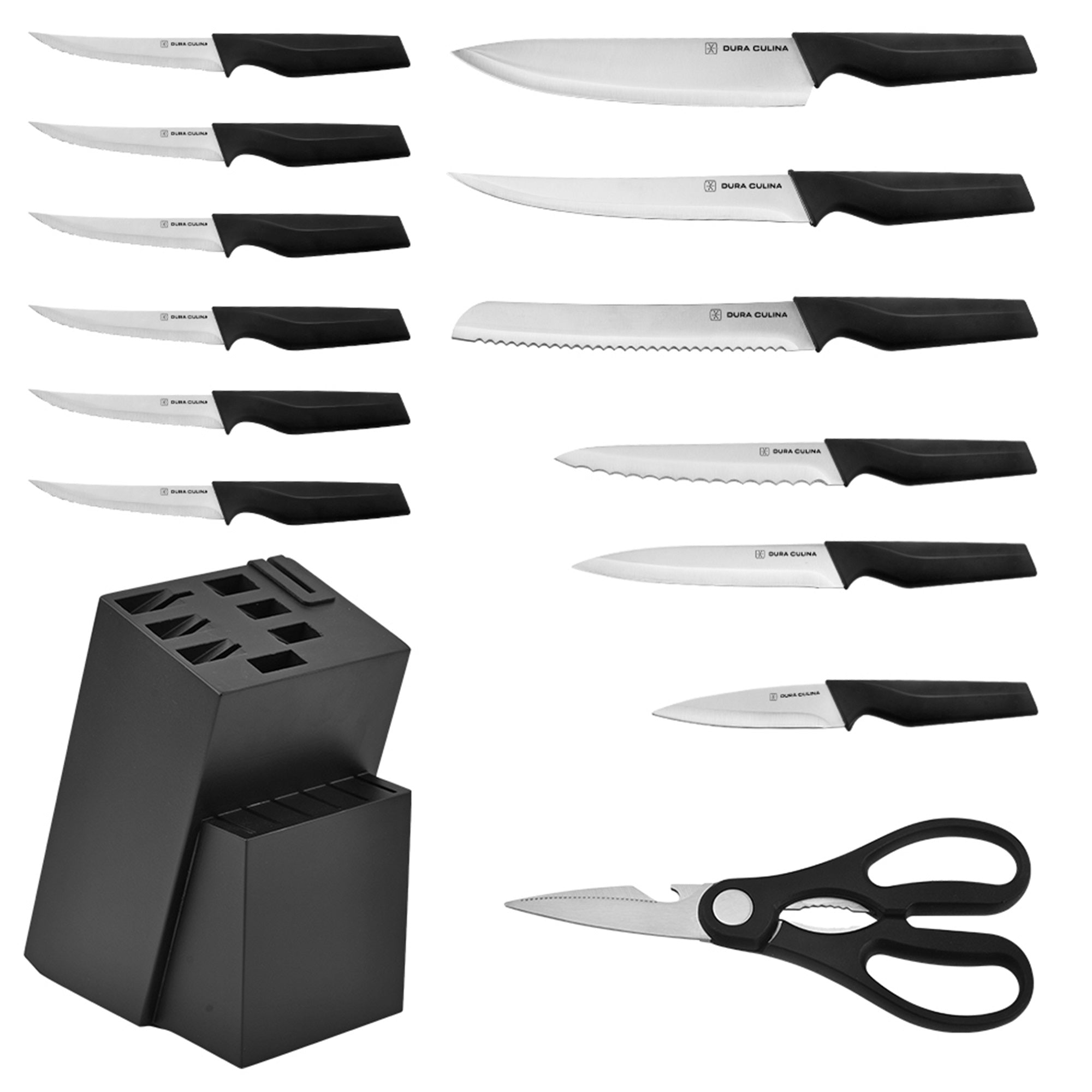 14-piece knife block set with high carbon stainless steel blades in black wood storage block — view 2