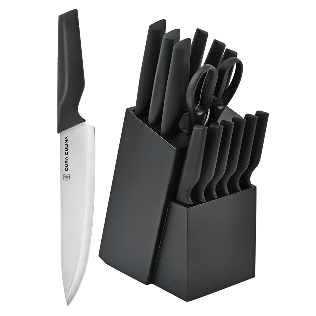 14-piece knife block set with high carbon stainless steel blades in black wood storage block
