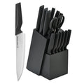 14-piece knife block set with high carbon stainless steel blades in black wood storage block