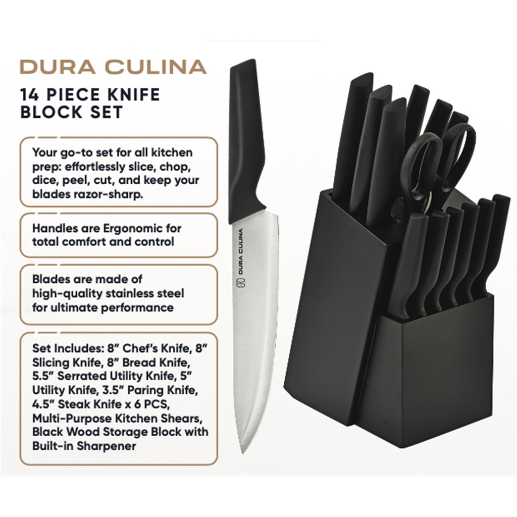14-piece knife block set with high carbon stainless steel blades in black wood storage block — view 5