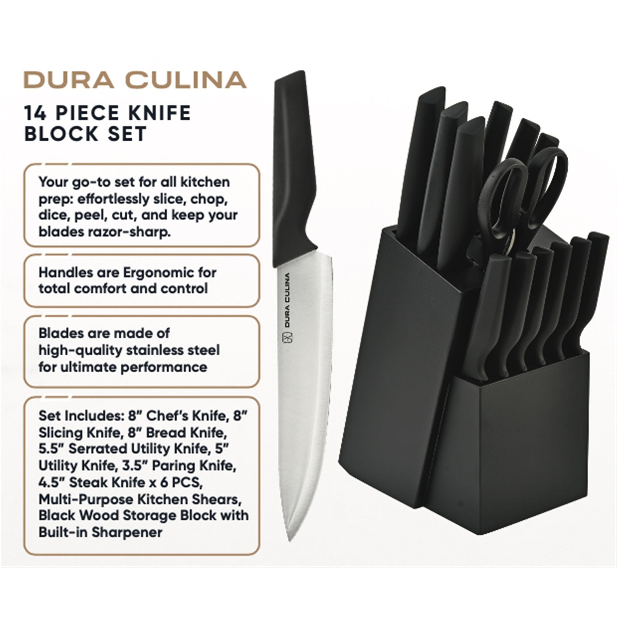 14-piece knife block set with high carbon stainless steel blades in black wood storage block — view 5