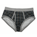 Men's green plaid Wayne brief underwear made of breathable cotton with comfortable logo waistband.
