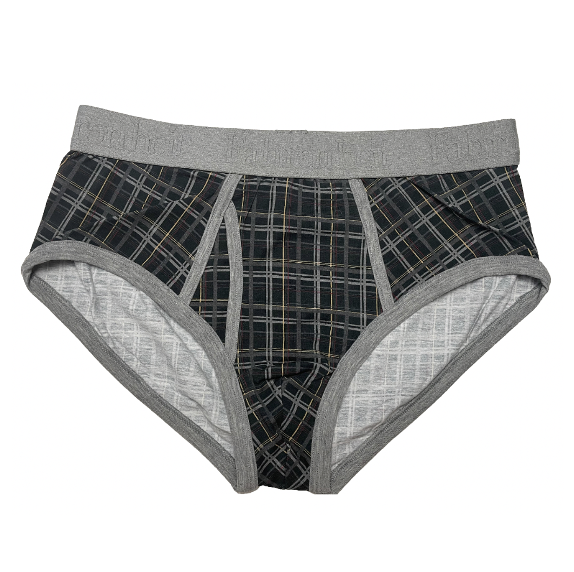 Men's green plaid Wayne brief underwear made of breathable cotton with comfortable logo waistband.