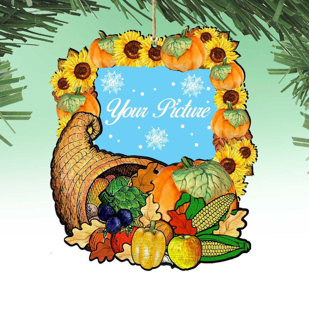 Handcrafted wood Thanksgiving picture frame ornament with festive holiday autumn art for hanging photos — view 2