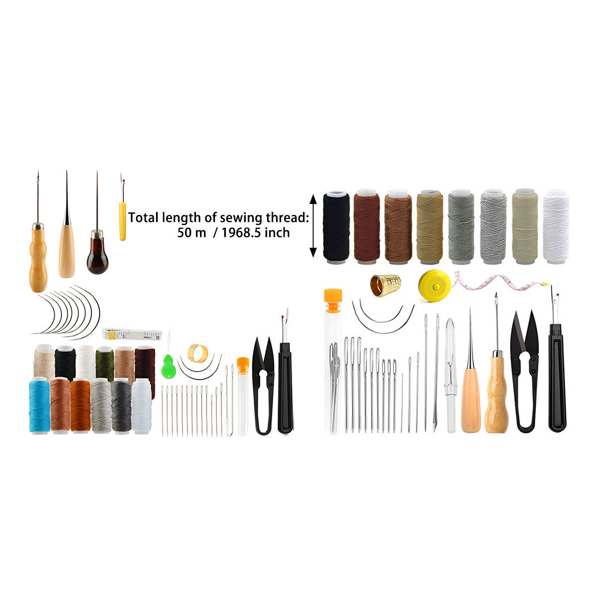 Hand sewing and leather craft kit featuring big eye needles, cotton thread spools, and wooden awls — view 3