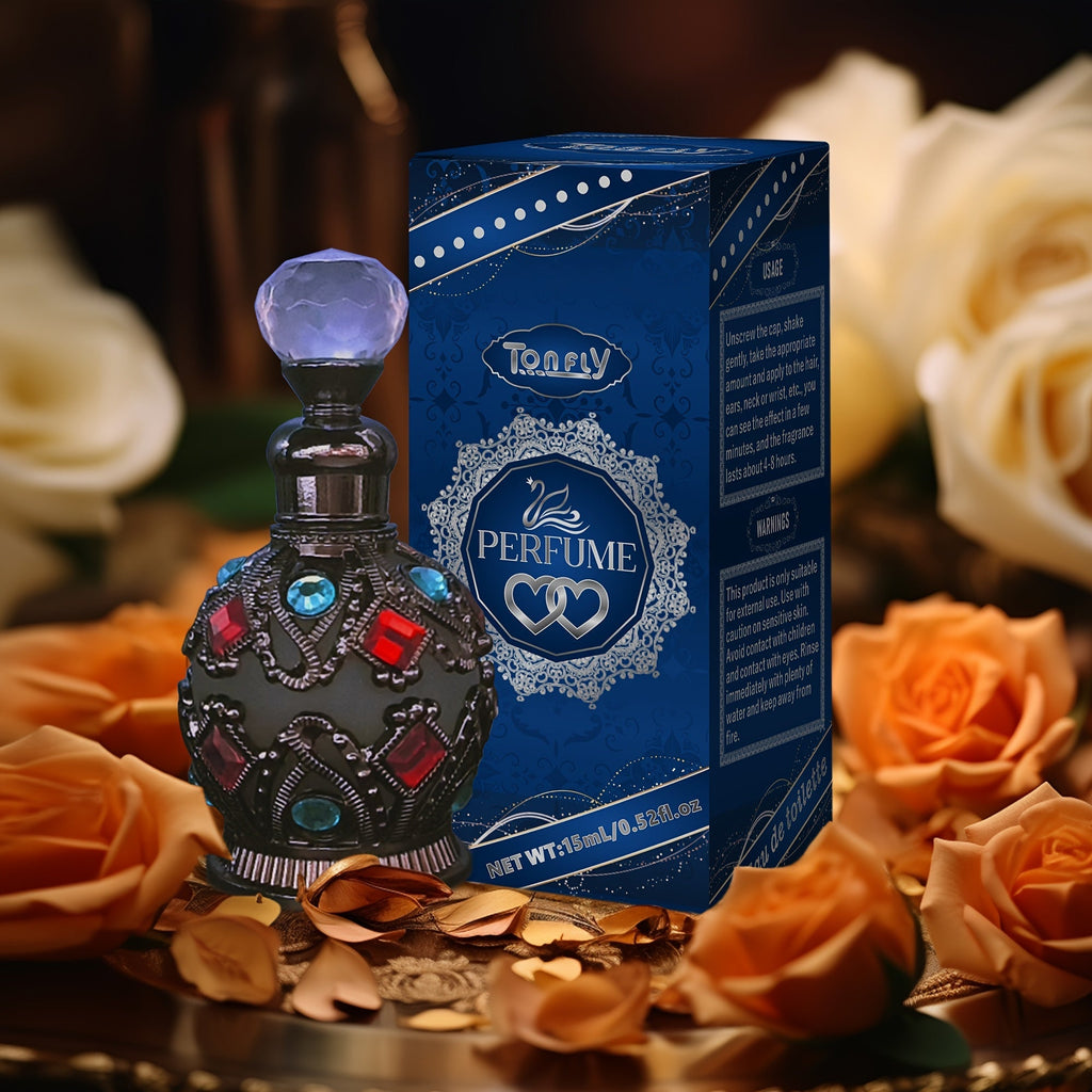 Enchanted Arabian Dreams essential oil perfume in an elegant blue and gold 50ml glass bottle. — view 2
