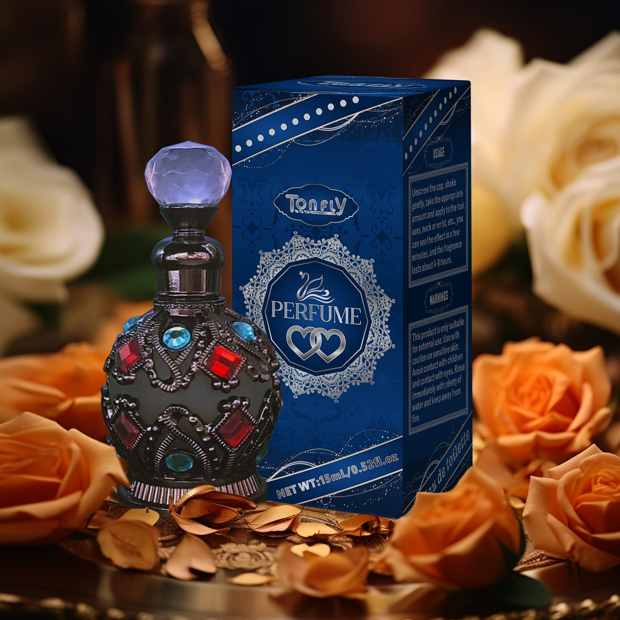 Enchanted Arabian Dreams essential oil perfume in an elegant blue and gold 50ml glass bottle. — view 2