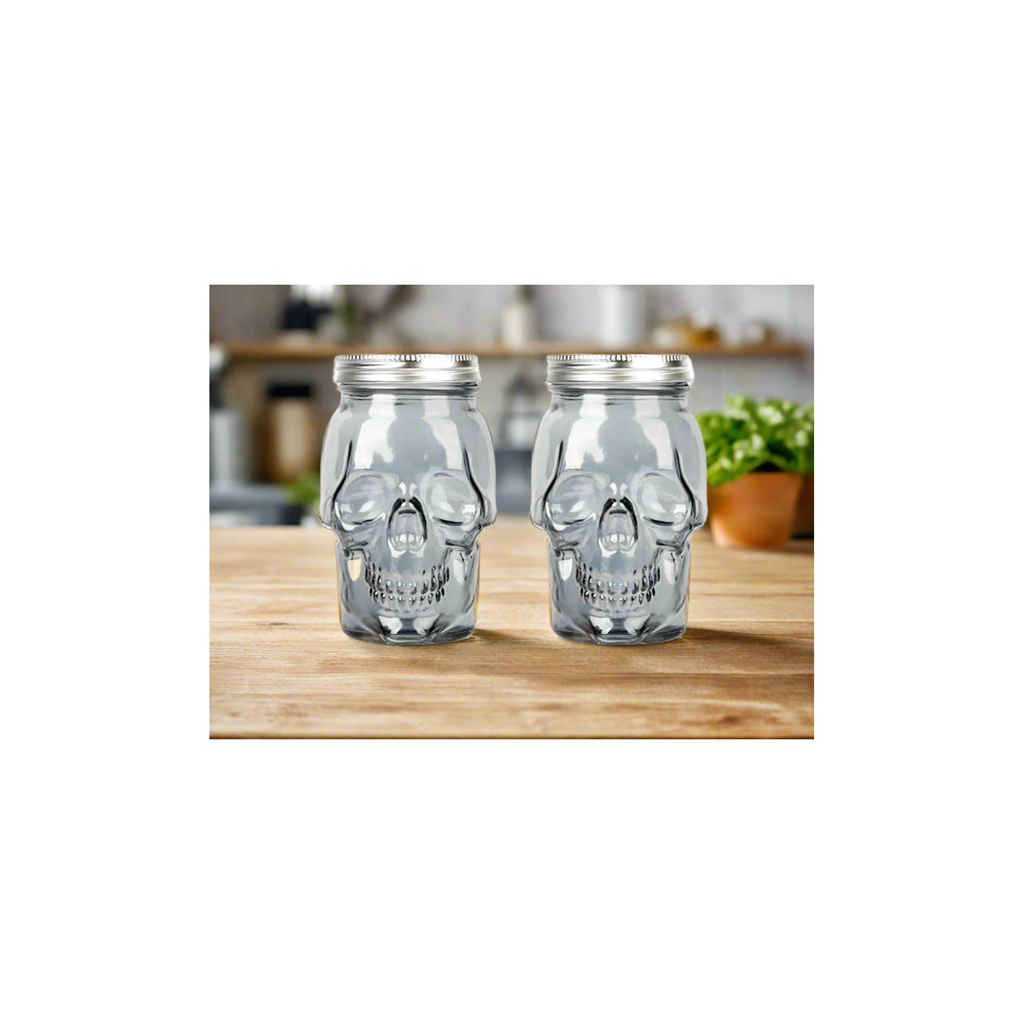 Smoke tinted skull mason jar set with two 16oz glass containers and matching airtight storage lids — view 4