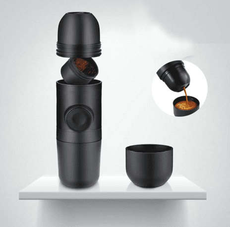 Black portable capsule espresso maker compact manual hand pump coffee brewer for travel and camping