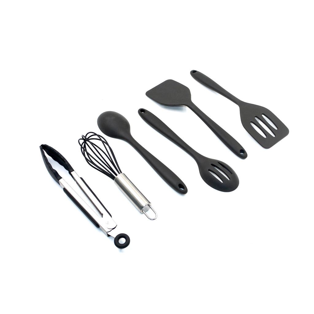 6-piece mini silicone utensil set featuring turners, spoons, whisk, and tongs for everyday cooking.